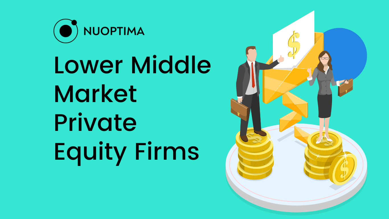 Banner with 'Lower Middle Market Private Equity Firms' text, featuring a male and female businessperson standing on stacks of coins, symbolizing financial growth and investment.