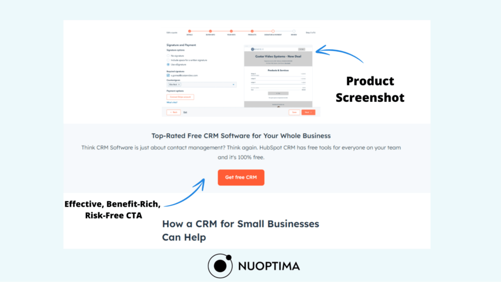 NUOPTIMA-Infografik, die eine kostenlose CRM-Software für kleine Unternehmen mit einem Produkt-Screenshot und einer Call-to-Action-Schaltfläche "Holen Sie sich kostenloses CRM" vorstellt. Der Text hebt die Vorteile und Funktionen des CRMs wie Kontaktmanagement und Team-Tools hervor.