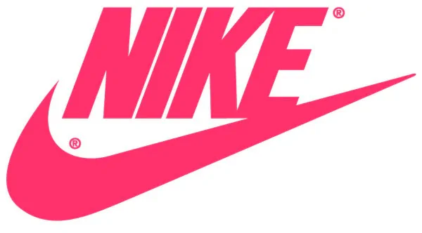 Ein Bild des Wortes Nike in rosa Text über einem rosa Nike-Logo auf weißem Hintergrund.