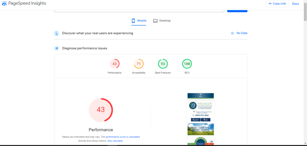 Example of Page Speed insights