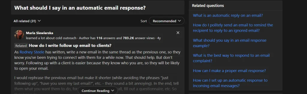 Quora question thread titled 'What should I say in an automatic email response?' with an answer by Maria Siewierska about writing follow-up emails.