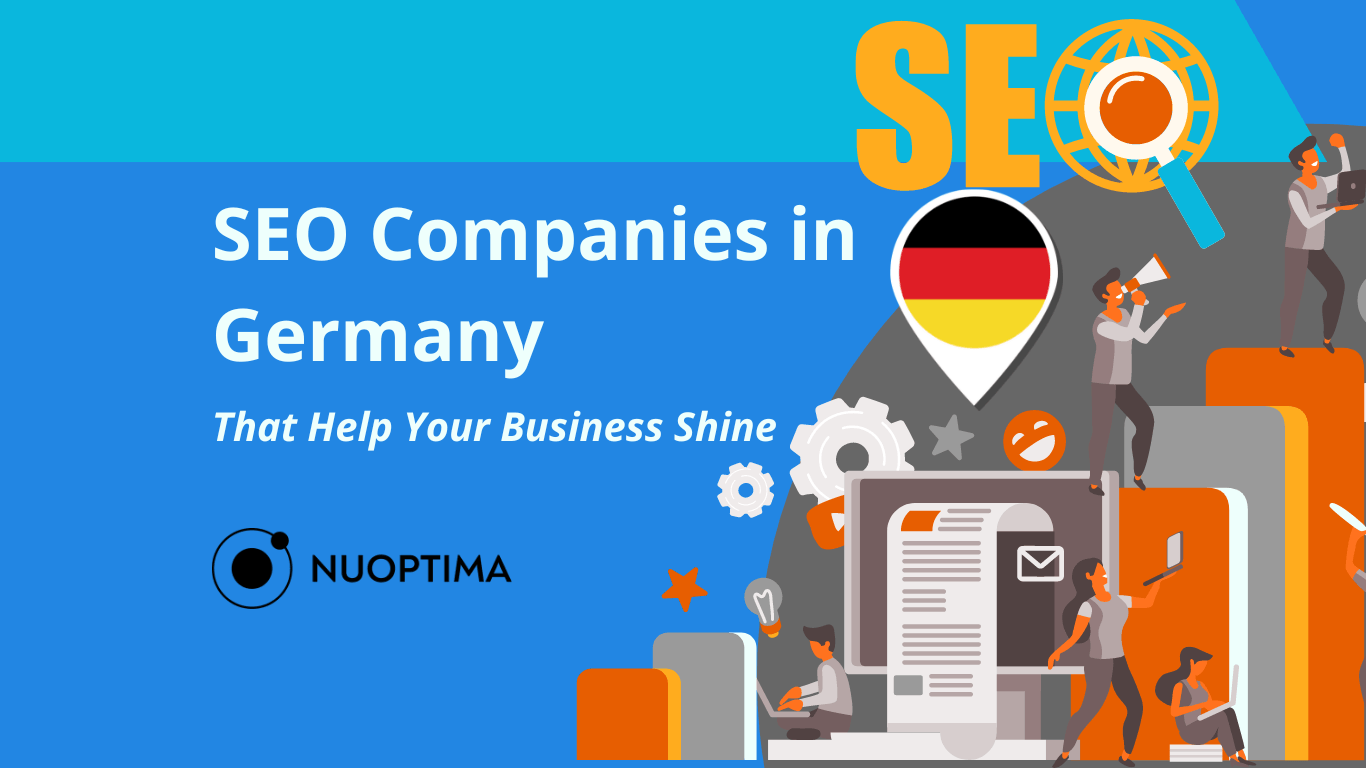 Graphic promoting SEO companies in Germany, featuring a magnifying glass, German flag, and SEO-related icons.