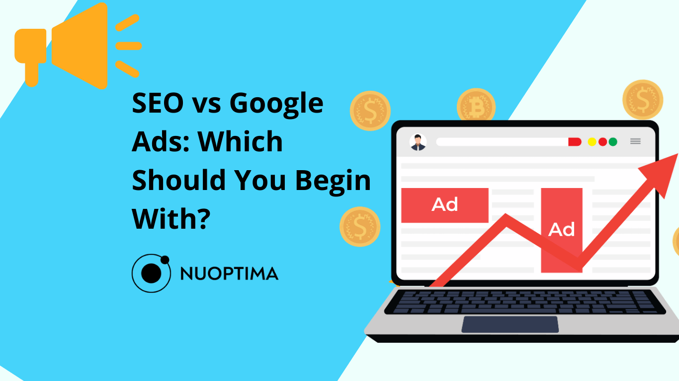 Graphic comparing SEO and Google Ads with the question: 'SEO vs Google Ads: Which Should You Begin With?'