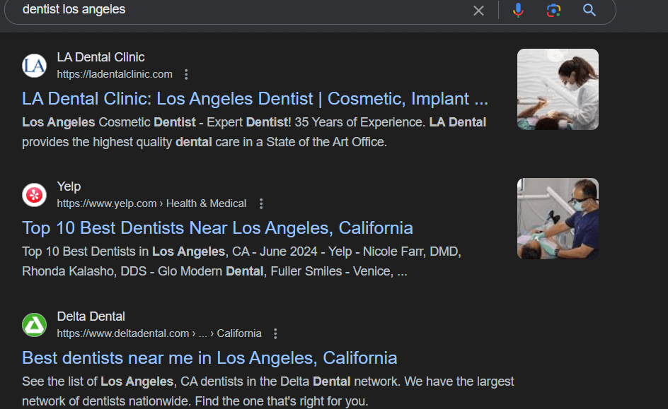 traditionelles SERP-Ergebnis für Zahnkliniken