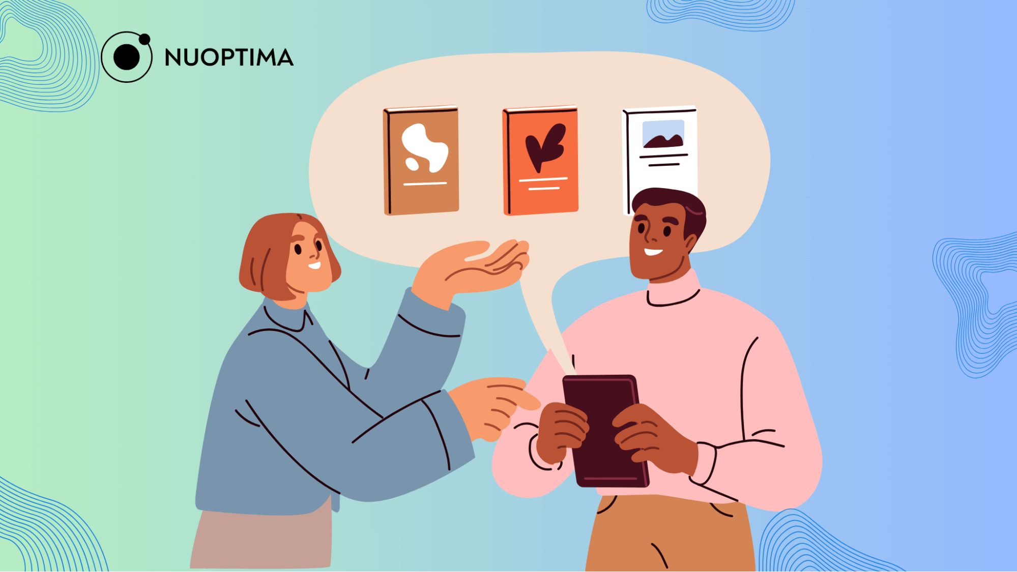 An illustration of two people discussing books while one of them is holding a book, suggesting the sharing of knowledge gotten from SaaS books.