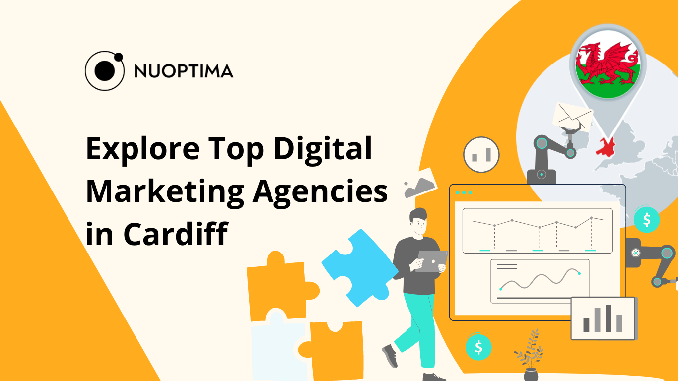 Illustration promoting top digital marketing agencies in Cardiff, featuring the Welsh flag, a map pinpoint, and digital marketing icons.