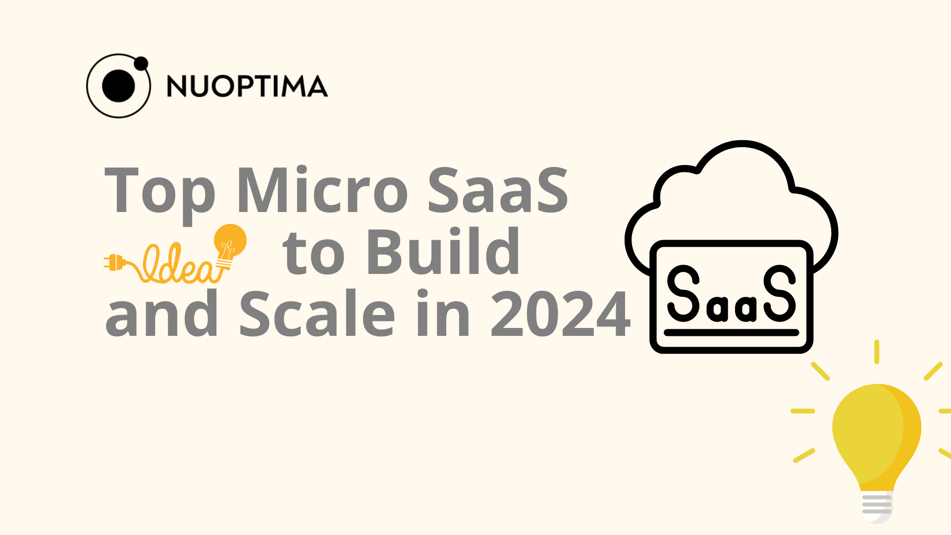 NUOPTIMA infographic titled 'Top Micro SaaS to Build and Scale in 2024' with icons of a light bulb and SaaS cloud.