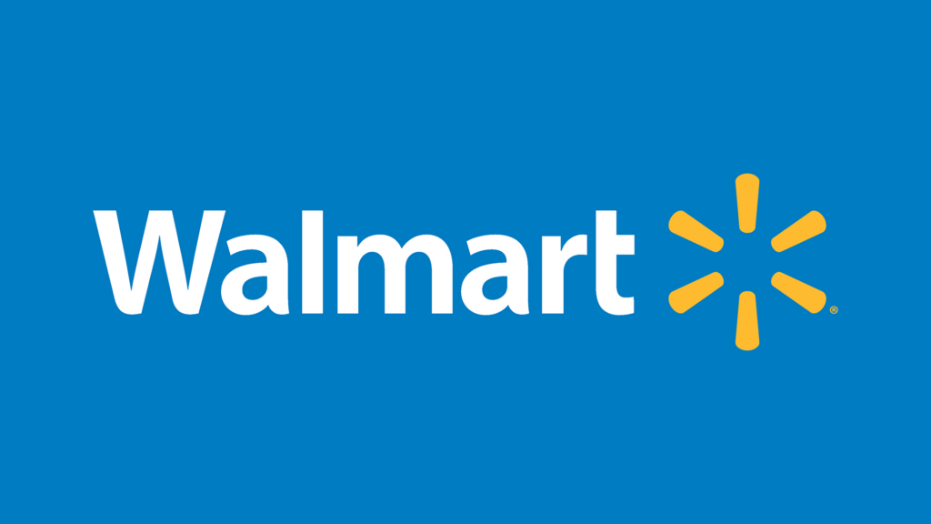 An image of the word Walmart in white text beside a yellow Walmart logo on a blue background.