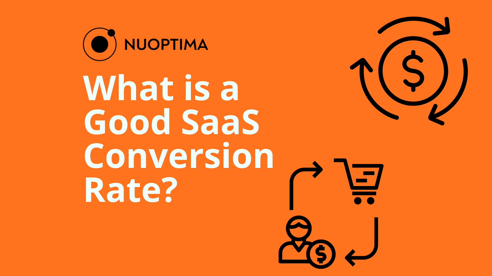 An orange background image with the NUOPTIMA logo at the top left. The text reads 'What is a Good SaaS Conversion Rate?' with icons representing a shopping cart, a person with a dollar sign, and circular arrows around a dollar sign on the right side.