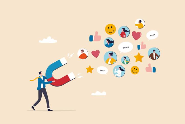 An illustration of a man holding a large magnet towards a cluster of icons and profiles, suggesting the use of personal branding on LinkedIn to attract leads.