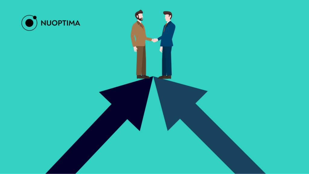 An illustration of two businessmen standing on top of converging arrows and shaking hands, indicating the building of business-client relationships as part of an account-based marketing strategy.