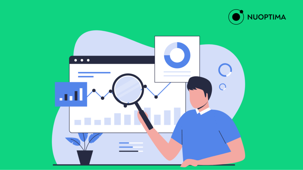 An illustration showing a man holding a magnifying glass to different analytic charts, indicating the adjusting of business strategy based on insight from strategic competitive analysis.