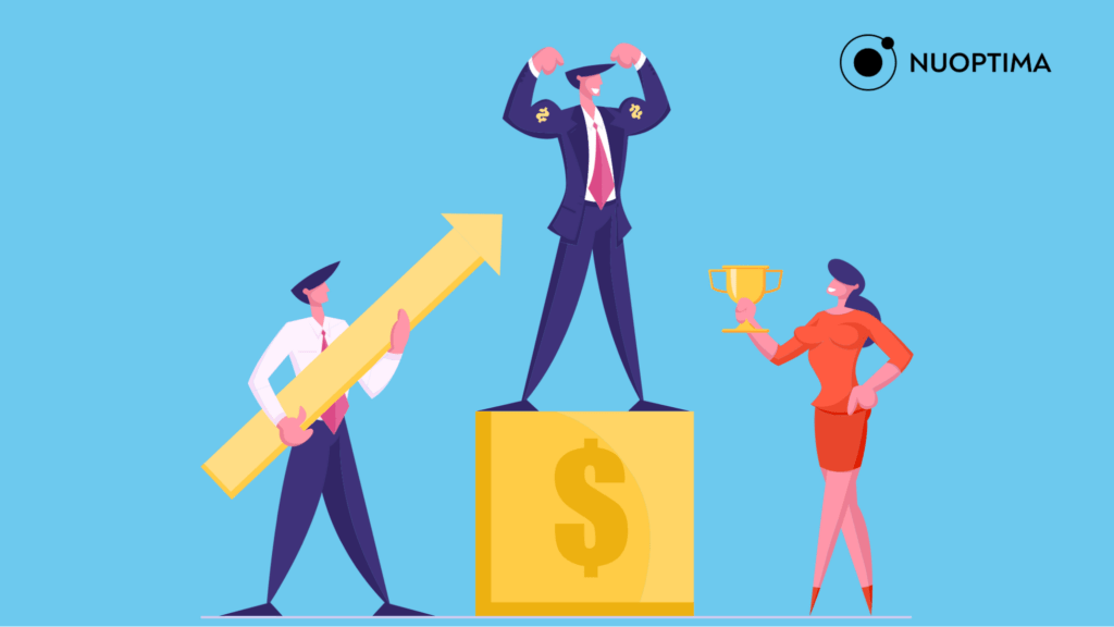 An illustration of a businessman standing on a podium along with another man holding an arrow to his left and a woman holding a trophy to his right, suggesting a business surpassing its competitors because of competitive analysis. 