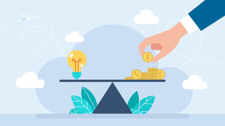 An illustration showing a hand placing a coin on a balancing beam with a lightbulb on one end and stacks of coins on the other, suggesting two businesses bringing mutual value to a saas partner program.