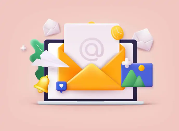 An illustration of a desktop with an opened email icon and other email-related icons surrounding it, suggesting the use of communication strategy in business transformation. 