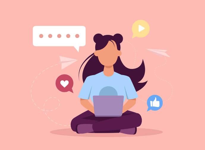 An illustration of a girl sitting with a computer on her lap and surrounded by different icons, suggesting content creation as a strategy for boosting your personal brand on LinkedIn. 