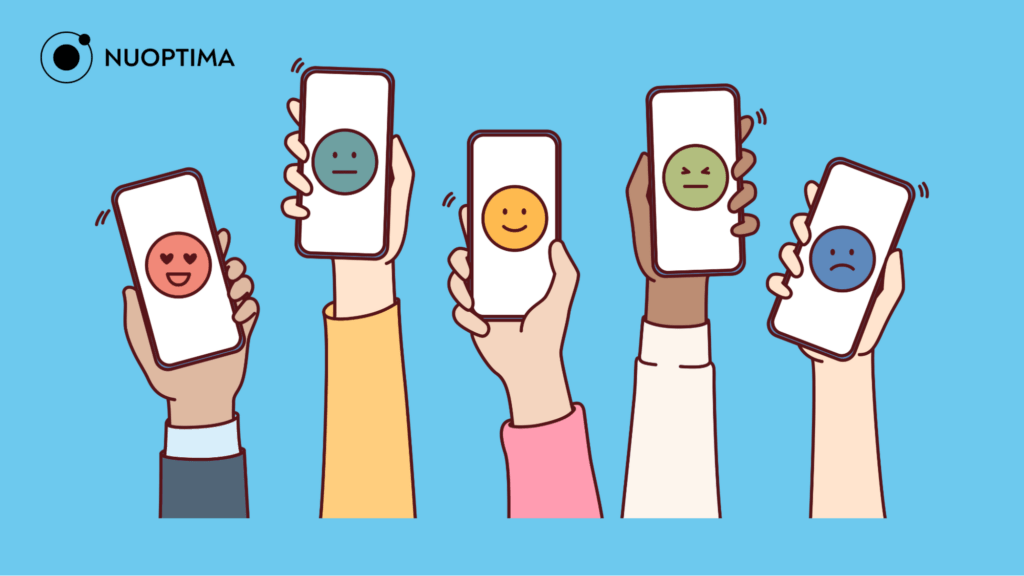 An illustration of five hands holding up mobile phones displaying different emoji expressions, indicating diverse user feedback. 