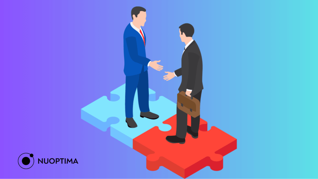 An illustration of two businesspeople going in for a handshake and standing on top of two matching puzzle pieces, indicating the forming of a strategic partnership.