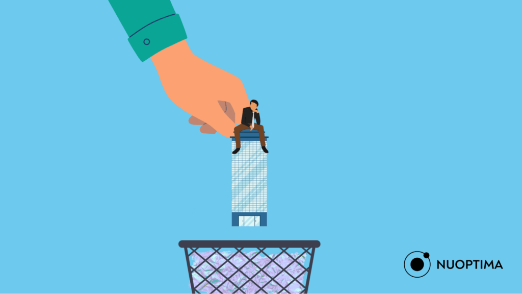 An illustration of a giant hand throwing a man sitting on a building in a trash can, indicating VCs abandoning previously funded startups.