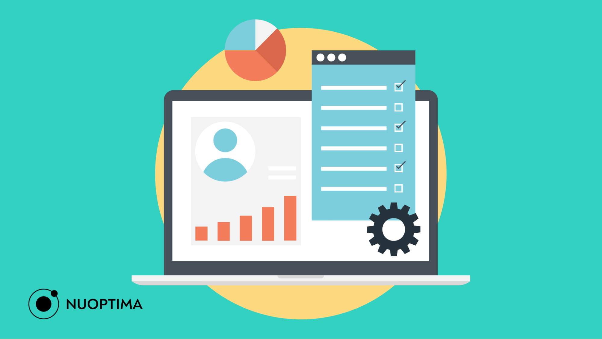 An illustration of a desktop screen displaying a profile with an analytics chart and a checklist beside it, suggesting the identifying of high-value clients in account-based marketing.