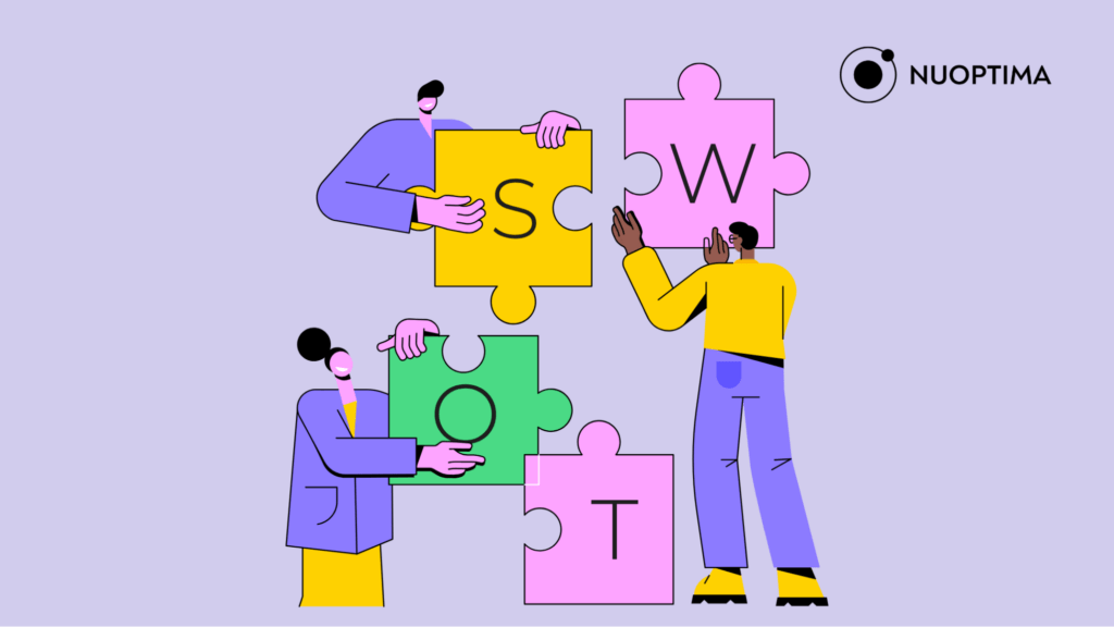 An illustration of three people holding four puzzle pieces, each having the letters S, W, O, and T, respectively, highlighting the importance of analyzing competitors’ strengths, weaknesses, opportunities, and threats.