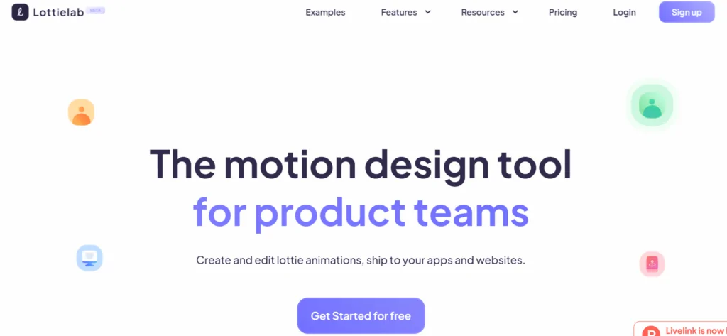 Lottielab-Homepage mit dem Text: "The motion design tool for product teams" (Das Bewegungsdesign-Tool für Produktteams), das die Erstellung und Bearbeitung von Animationen mit einer Schaltfläche "Get Started for free" bewirbt.