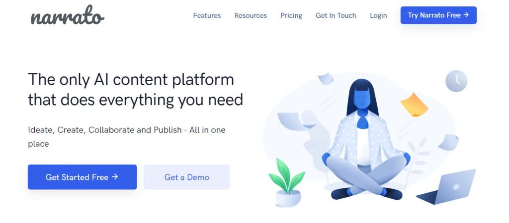 Homepage der KI-Inhaltsplattform Narrato mit einer meditierenden Frau und dem Text: "Die einzige KI-Inhaltsplattform, die alles bietet, was Sie brauchen. Ideate, Create, Collaborate und Publish - alles an einem Ort.