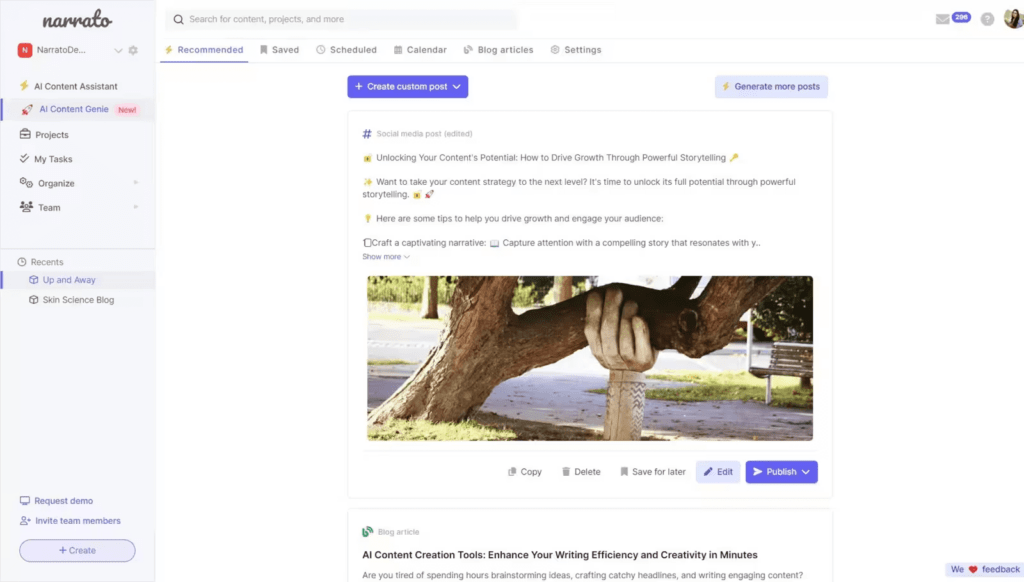 واجهة مساعد المحتوى بالذكاء الاصطناعي في Narrato التي تعرض أدوات إنشاء المحتوى وتنظيمه، مع تسليط الضوء على منشور حول دفع عجلة النمو من خلال سرد القصص القوي.