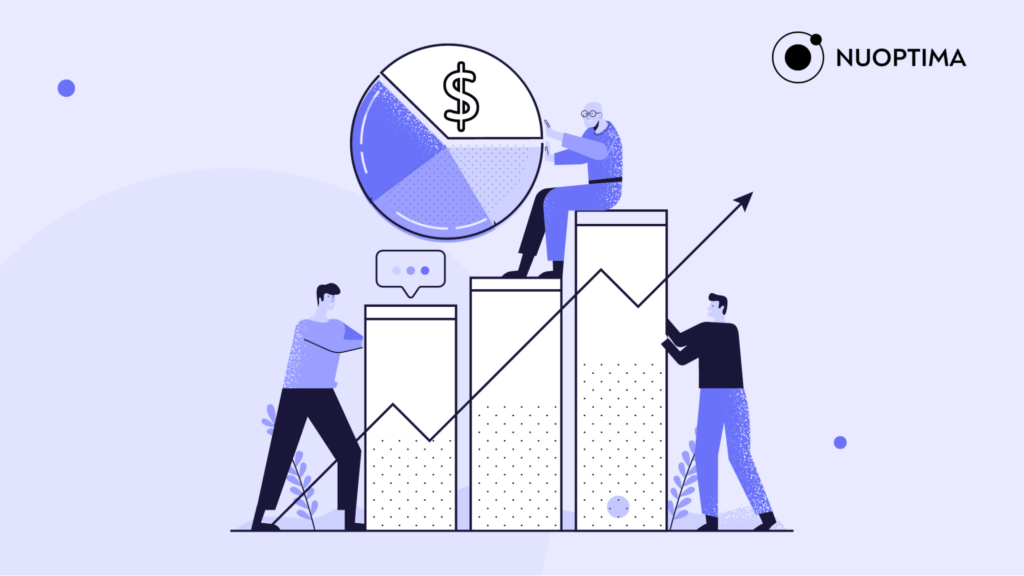 Eine Illustration von drei Personen, die an einem finanziellen Torten- und Balkendiagramm arbeiten, das die Optimierung der Preise als Teil der Aufgaben der Betriebspartner vorschlägt. 