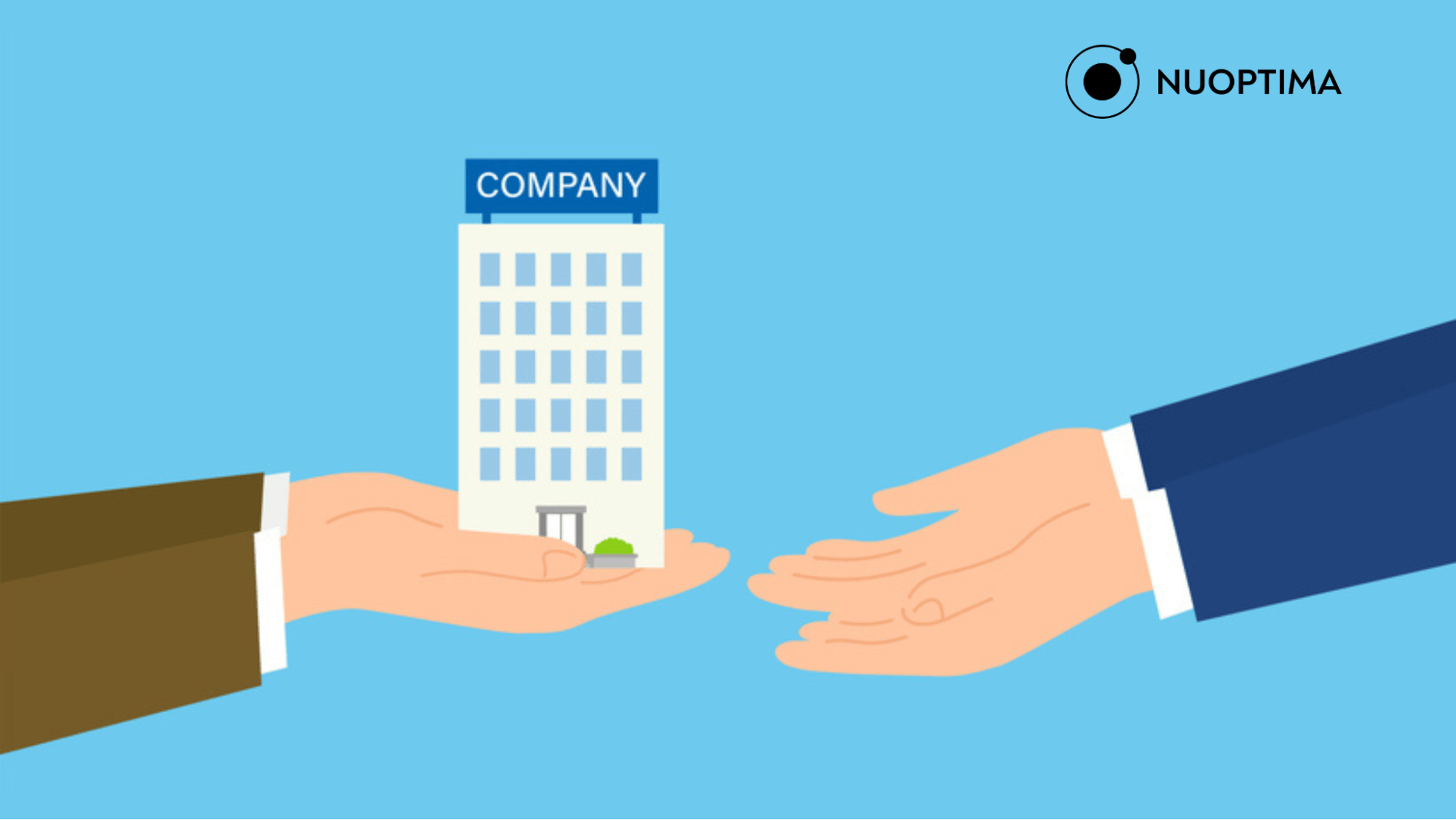 An illustration showing a pair of hands handing over a company to another pair of hands, indicating the acquisition of VC orphans.