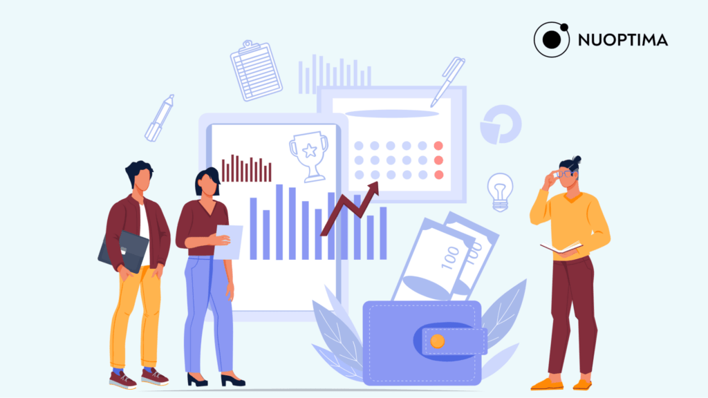 Eine Illustration verschiedener Personen, die mehrere Analysediagramme und Finanzkennzahlen analysieren, um den Bedarf für Ihr Produkt zu ermitteln und so die Produkt-Markt-Anpassung zu erreichen.