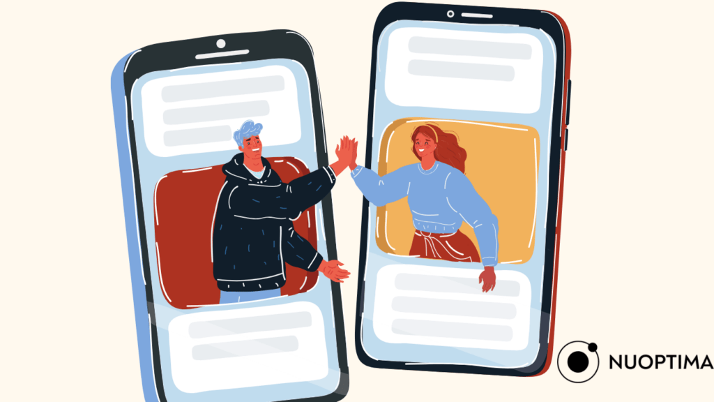 Illustration of two people communicating through messaging apps on smartphones, representing dark social interactions.
