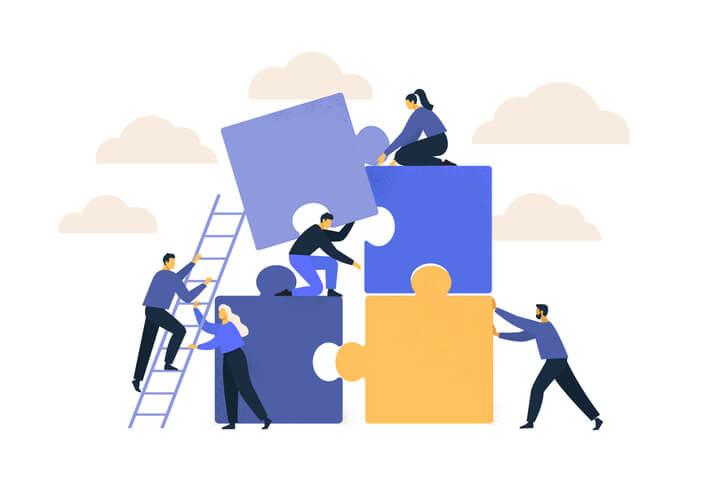 An illustration showing four people fitting together four puzzle pieces, highlighting the process of building a $100M ARR business.