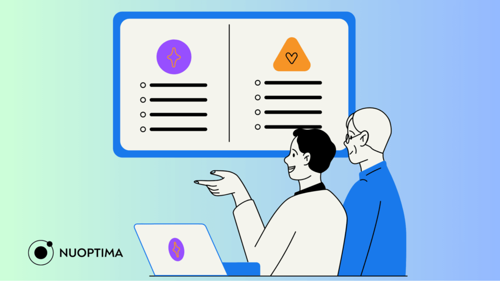 An illustration of two people analyzing a screen showing data from their company compared to data from a competitor’s company, indicating that they are performing competitor research.