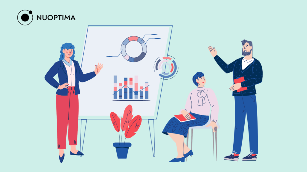 An illustration of three people observing and discussing the different charts on a whiteboard, suggesting performing market research as part of competitive analysis.