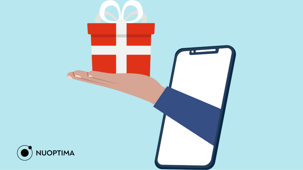 Die Illustration einer Hand, die aus einem Smartphone kommt und eine Geschenkbox hält, deutet auf personalisierte Geschenke als Teil einer ABM-Marketingstrategie hin.