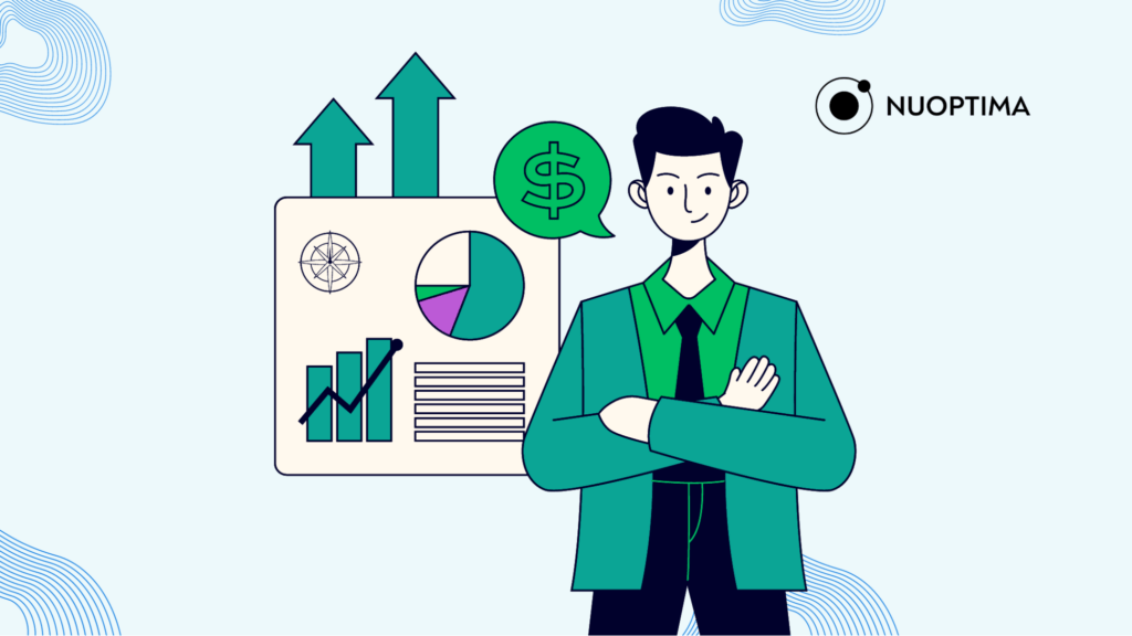 An illustration of a man standing in front of a board showing different charts and graphs, suggesting a private equity operating partner restructuring capital. 