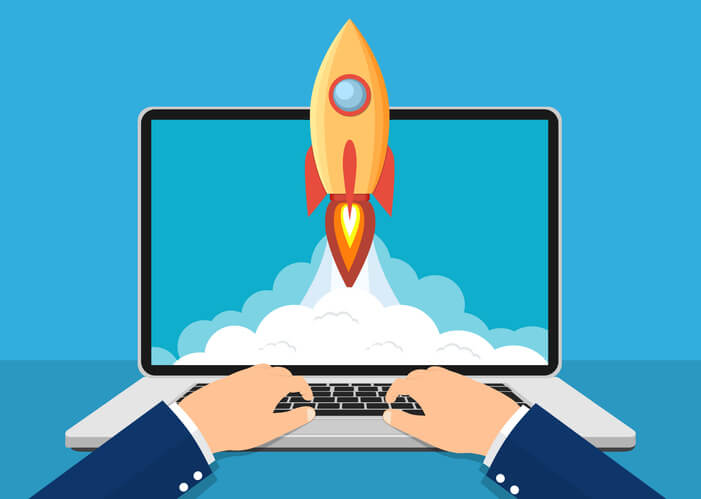An illustration of a man in front of a computer screen with a rocket launching out of the screen, suggesting a speedy business deal when acquiring VC orphans.