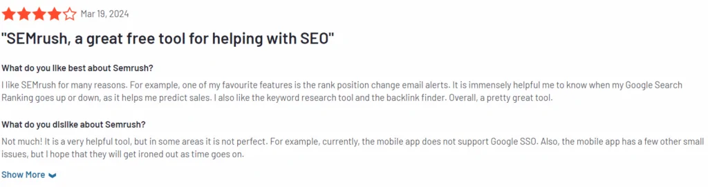 SEMrush review with a four-star rating, title 'SEMrush, a great free tool for helping with SEO,' and details on likes and dislikes of the tool dated March 19, 2024.