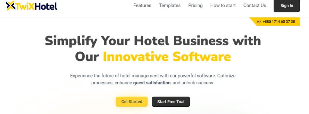 Die Homepage der TwiX Hotel Software mit dem Text: "Vereinfachen Sie Ihr Hotelgeschäft mit unserer innovativen Software" und wirbt für Funktionen wie die Optimierung von Prozessen und die Verbesserung der Gästezufriedenheit.