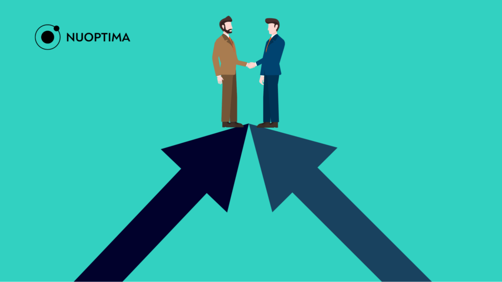 An illustration of two men shaking hands and standing at the top of two merging arrows, indicating a successful VC orphan acquisition.