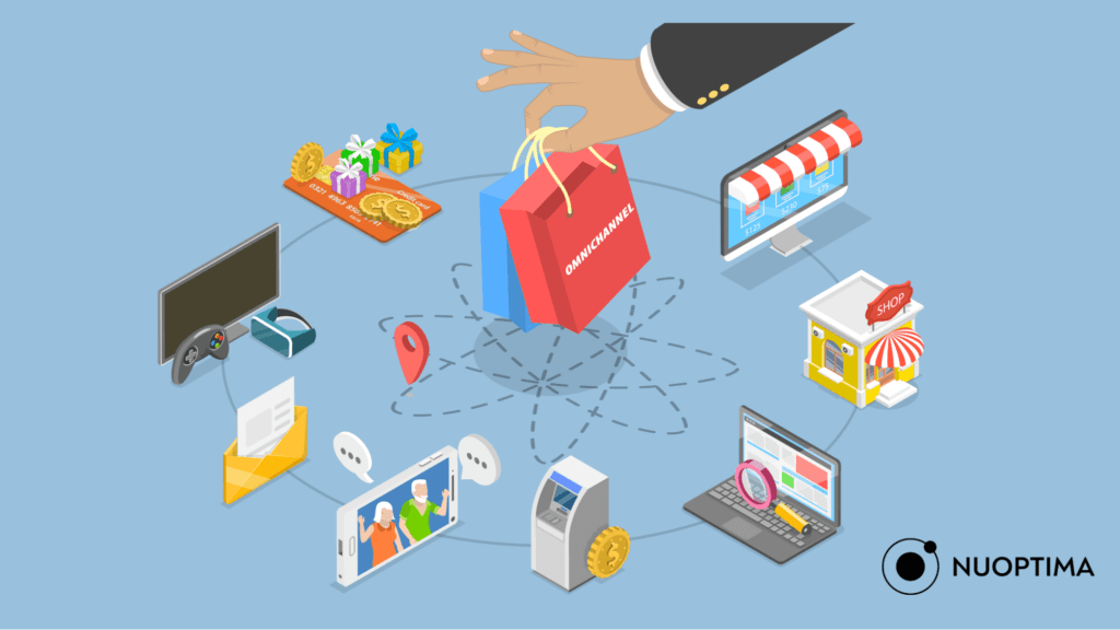 An illustration of a hand holding a bag with the word ‘omnichannel,’ surrounded by multiple marketing-related items and icons, suggesting the utilization of multi-channel marketing in ABM marketing. 