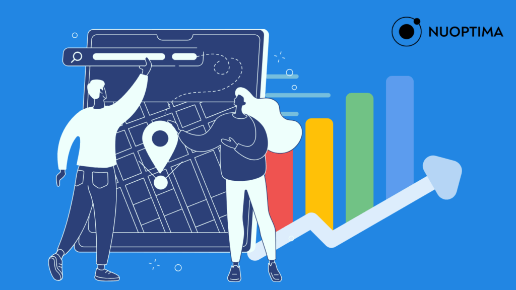 NUOPTIMA banner with a search bar and a map pin, featuring two people and a large map with an upward arrow and bar chart, symbolizing the advantages of using white label local SEO.