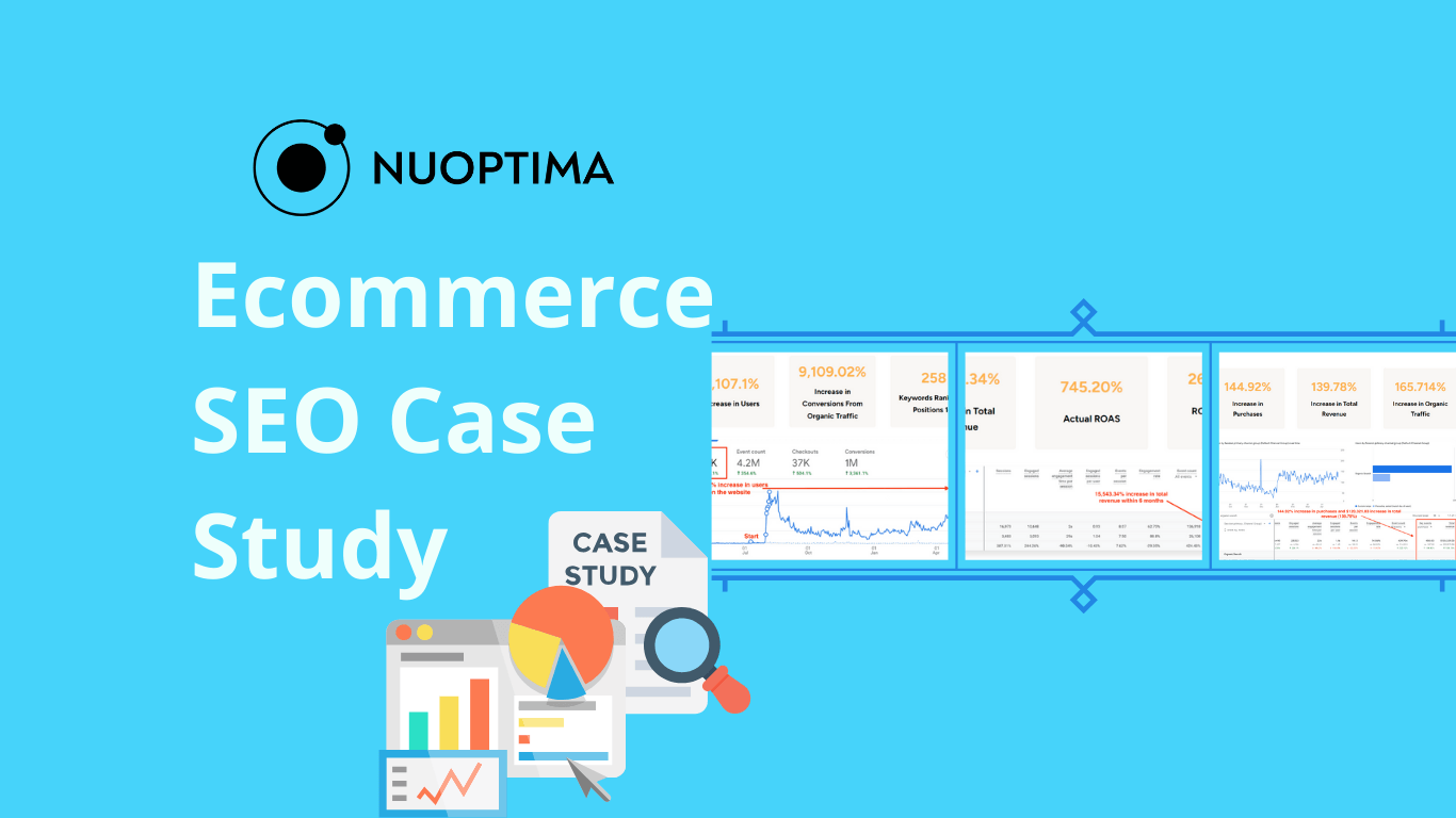 NUOPTIMA banner with 'Ecommerce SEO Case Study' text, featuring various analytical charts and graphs highlighting significant increases in users, organic traffic, and revenue, symbolizing successful SEO strategies for ecommerce.
