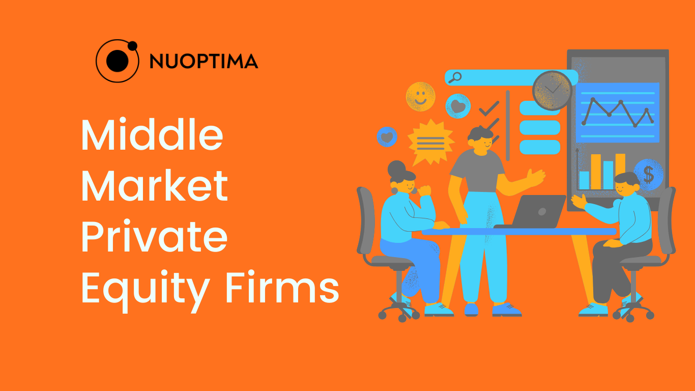 Banner with 'Middle Market Private Equity Firms' text, depicting three people working together at a desk with charts and graphs in the background, symbolizing collaboration and financial analysis.
