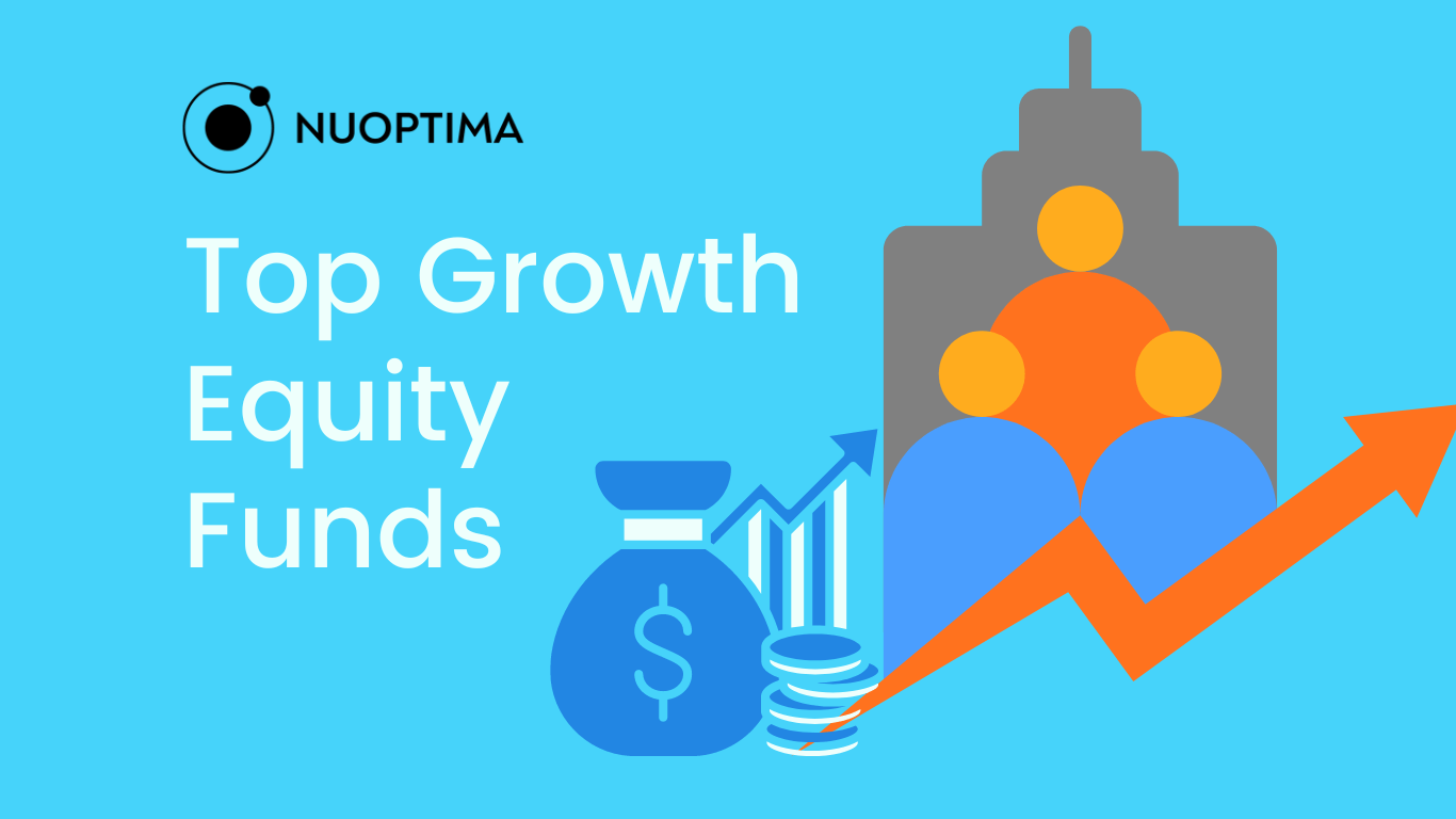 banner with 'Top Growth Equity Funds' text, featuring icons of a money bag, stack of coins, ascending graph, and a building with people, symbolizing financial growth and investment opportunities.