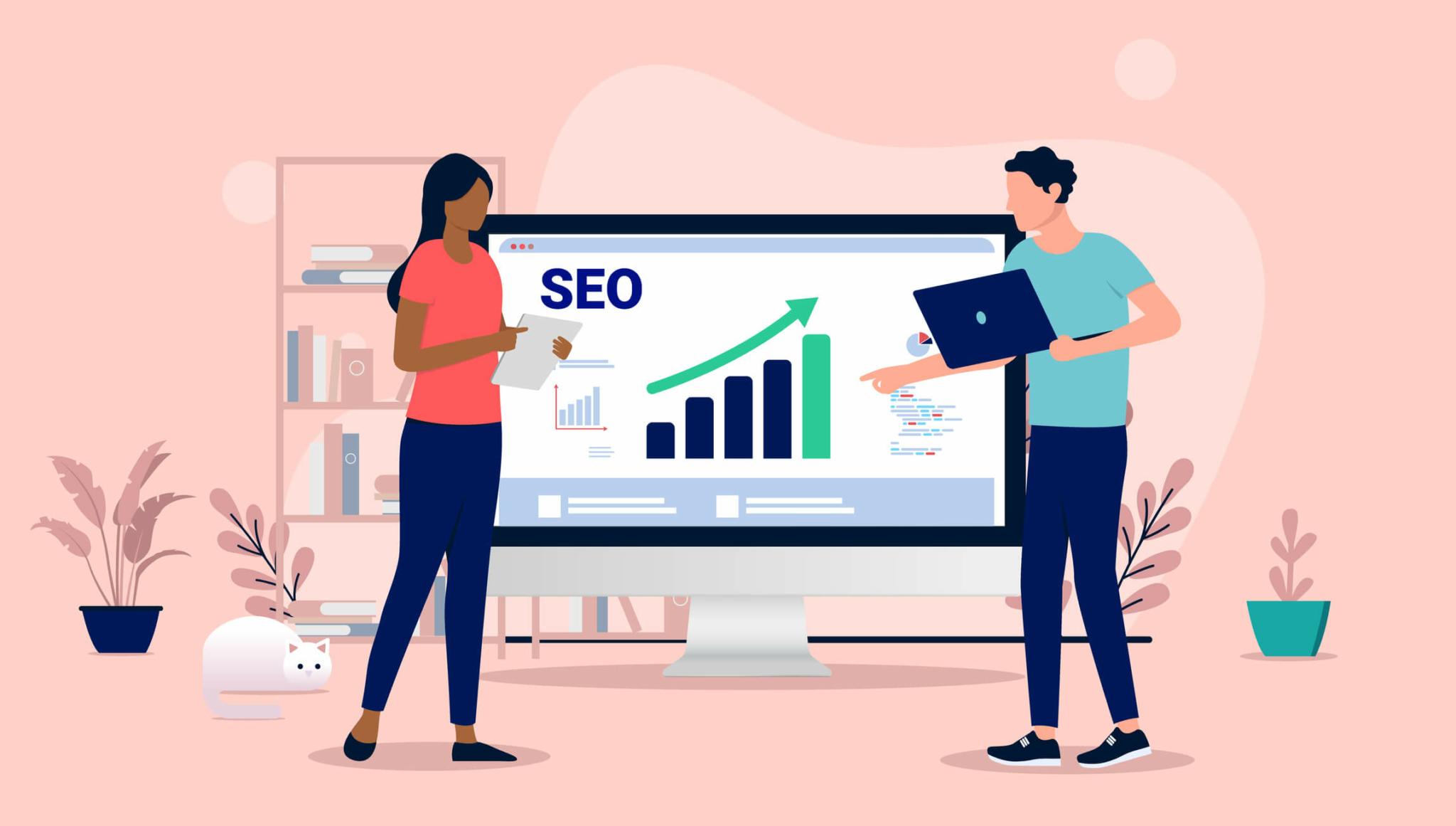 Illustration von zwei Personen, die vor einem großen Computerbildschirm mit Balkendiagrammen und einem nach oben zeigenden Pfeil, der Suchmaschinenoptimierung und Wachstum symbolisiert, über SEO-Strategien diskutieren.