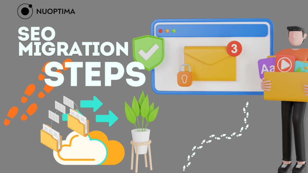 NUOPTIMA banner with 'SEO Migration Steps' text, depicting a person holding a folder with various icons, a browser window with a checkmark and lock, and arrows showing file transfers, symbolizing the steps involved in migrating a website for SEO purposes.