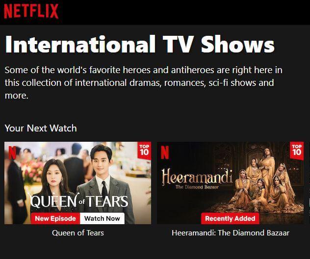 Screenshot from Netflix showing international TV shows for audiences across regions—an effective SEO for startups strategy to increase reach and awareness.