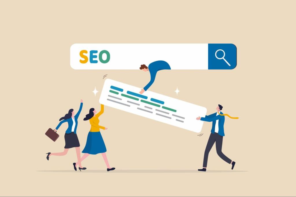 An illustration representing Search Engine Optimization. Four characters interact with a large search bar, with one character holding a large search result snippet.